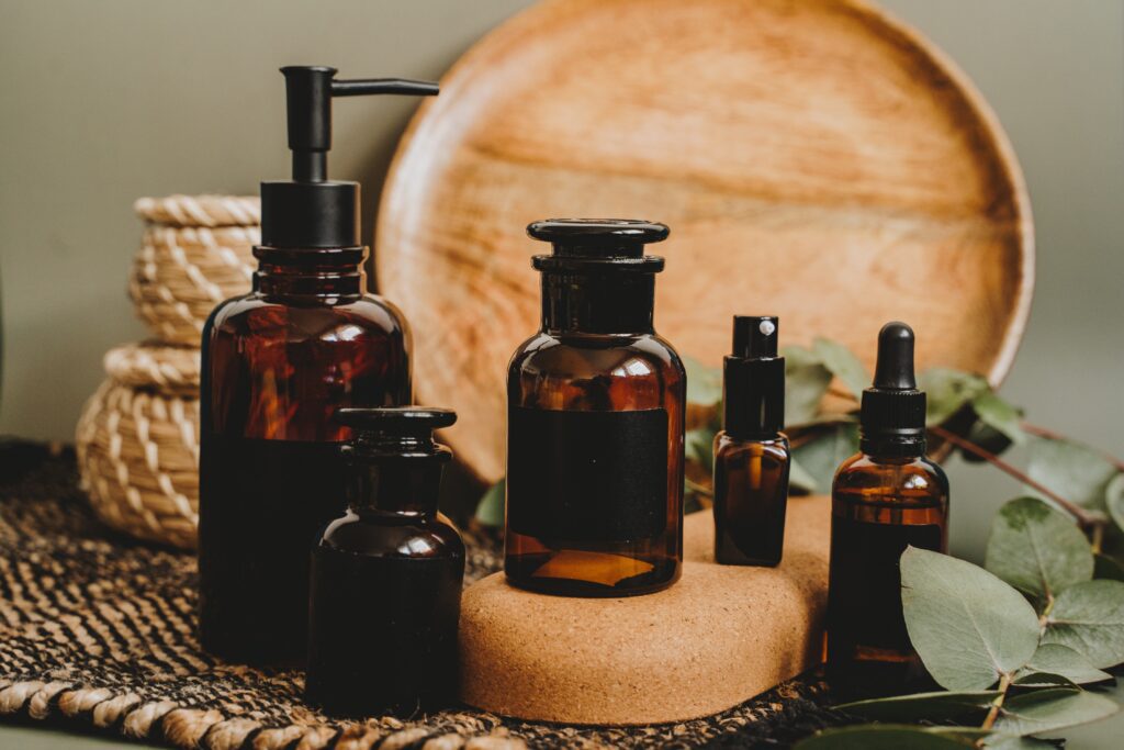 Lemon Balm Tincture bottles on table top