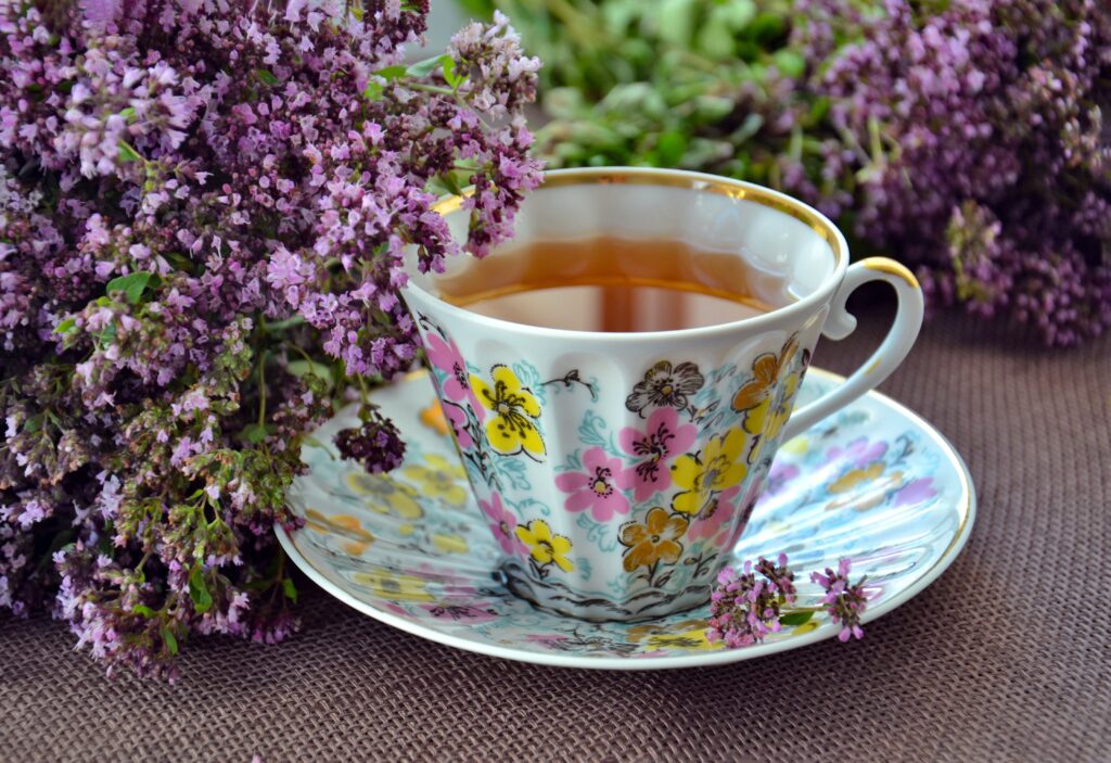 tea cup by flowers