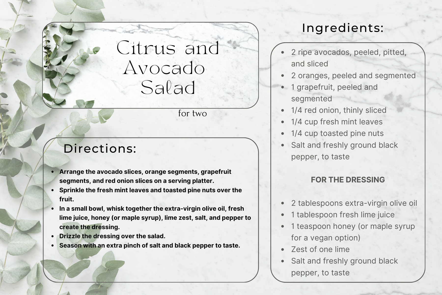 Citrus and avocodo salad recipe card