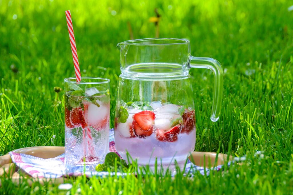 pitcher and g;ass of Homemade Sparkling Fruit Infusion on the grass