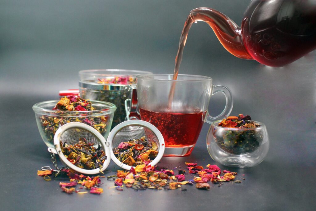 Herbal tea being poured into a cup