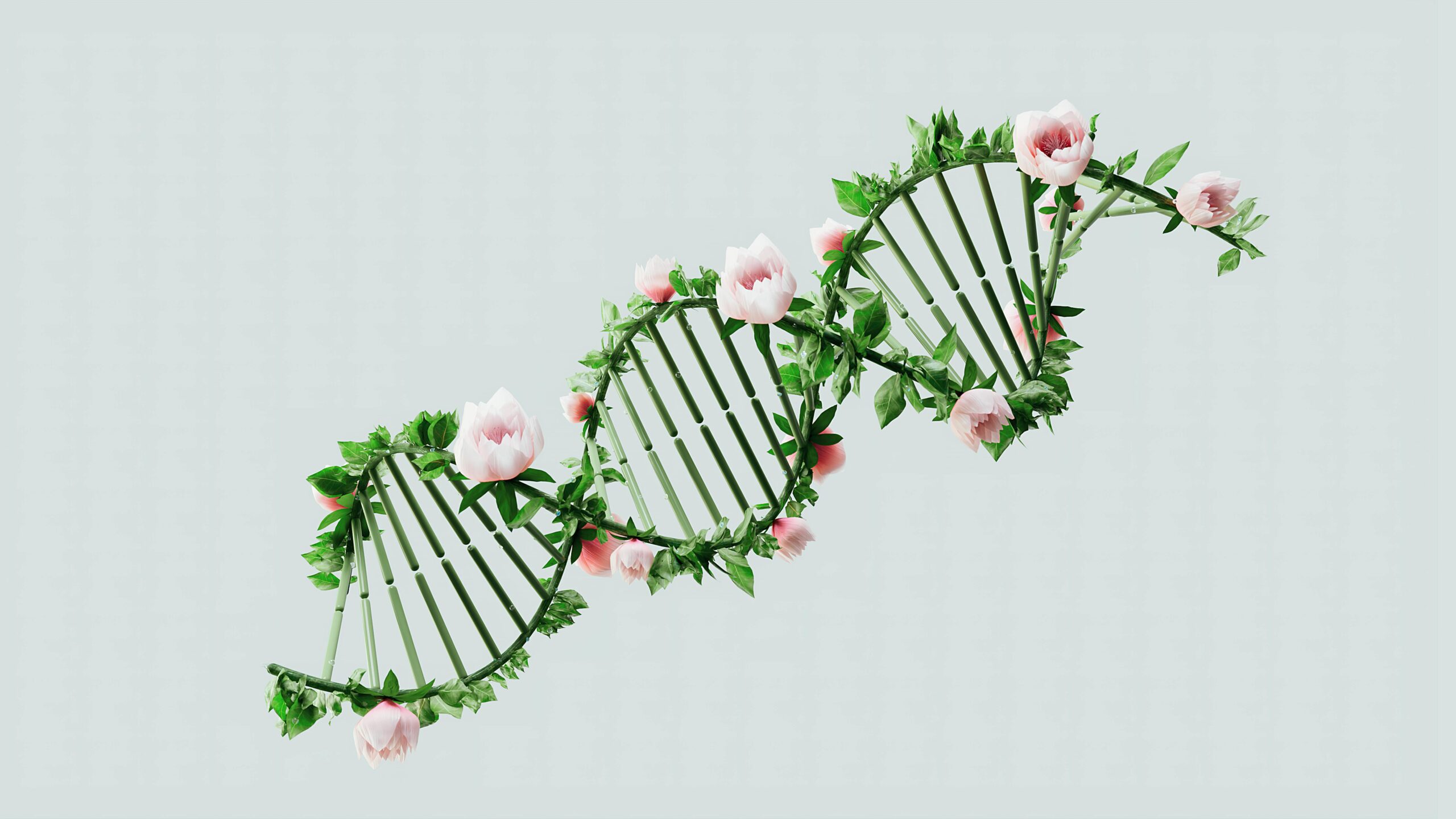 Green DNA chain with pink flowers on it for the post ADHD and Genetic Testing